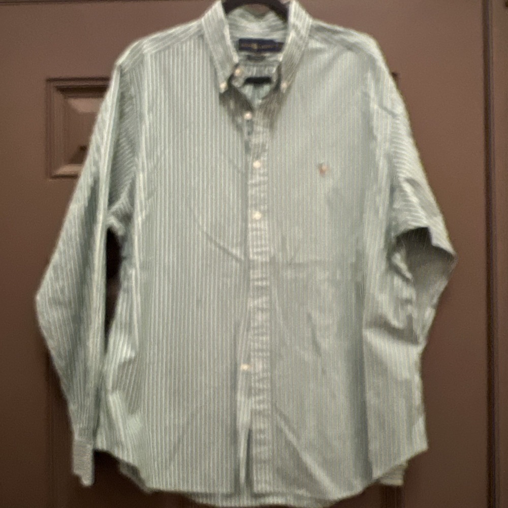 Ralph Lauren  Classic Fit 17.5 Button Down Green Shirt White Stripes 36/37 Pony